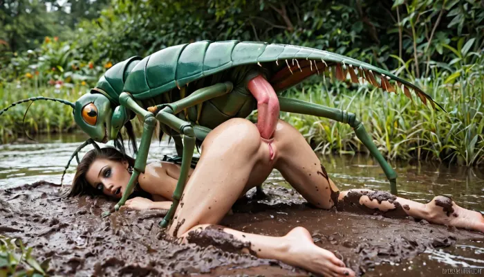 giant mantis monster, appearance inscect, giants mantis, white inscet, several legs, multiple leg, sex with female, mantis monster sex, tapering penis mantis in ass, fucked beautiful female, in mud, looking at viewer, two people