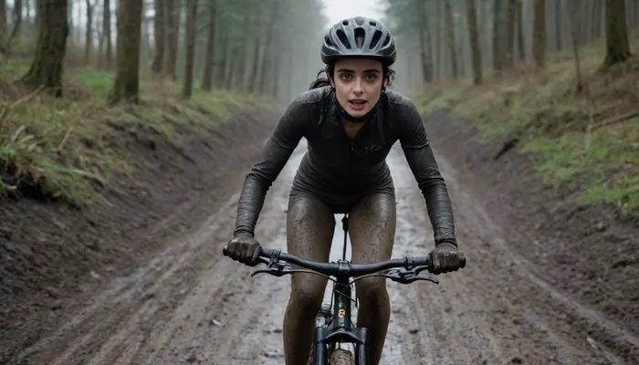 Me, on a mountain bike on a muddy trail, jumping, mountain bike race, wearing only cycling outfit, body fully covered in mud, muddy face, RAW candid cinema, 16mm, color graded portra 400 film, remarkable color, ultra realistic, textured skin, remarkable detailed pupils, realistic dull skin noise, visible skin detail, skin fuzz, dry skin, shot with cinematic camera