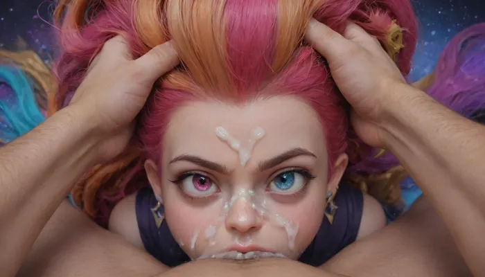 (Zoe from "League of Legends":2), (angry), (heterochromia:1.2), (18yo), (head pull), (extreme deepthroat), (cum on face:1.4), (pov), (galaxy clouds background)