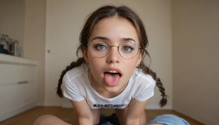 An 18yo girl, geeky, nerd, with big round glasses, braces on teeth, brown hair in braids, on her knees, mouth open, tongue out, eyes squinting with pleasure, she squints, drool coming out of her mouth, drool flowing from tongue, viewer can see her small breasts underneath her white t-shirt, green eyes, pov, facing her, frontal view, teasing face