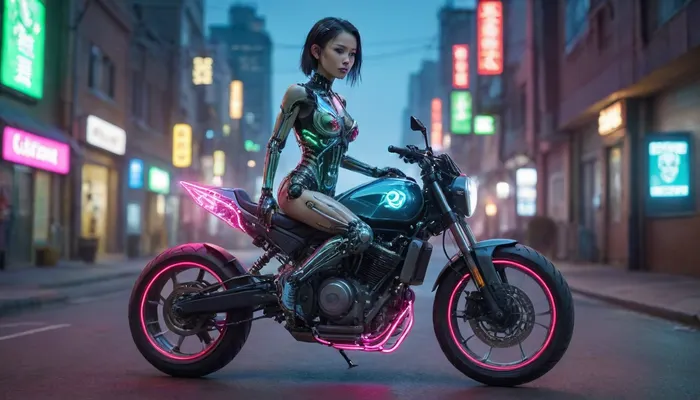 zoomed out full body portrait, ((Asian cyborg girl with partial transparent skull with visible wires and red plasma inside her skull:1)), robotic skeleton with pink lights and green lights and blue lights, riding plasma powered motorcycle on cyberpunk street, <lora:PAseer-SDXL-Transparent Robot:.5>