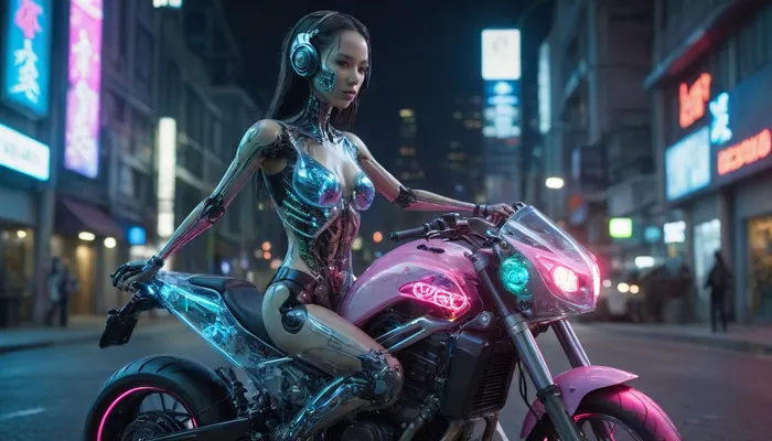 zoomed out full body portrait, ((Asian cyborg girl with partial transparent skull with visible wires and red plasma inside her skull:1)), robotic skeleton with pink lights and green lights and blue lights, riding electric motorcycle with lights on cyberpunk street, <lora:PAseer-SDXL-Transparent Robot:.5>