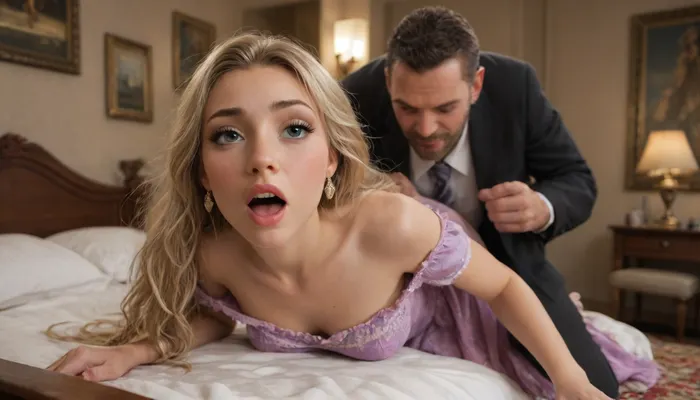 rapunzel from tangled, official dress, disney beauty, hair pulled, guy in suit, fucked from behind, hotel room
