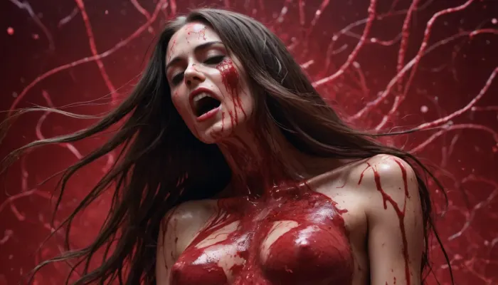 arafed image of a woman with a very long hair, horor style, splatter face, chaotic swirling blood spatter, dribbble 8k, nekro xiii, sculpted out of candy, human bodies intertwined, scribbled lines, surrender, polychromatic, anthropomorphic, humanoid, diffuse subsurface scattering