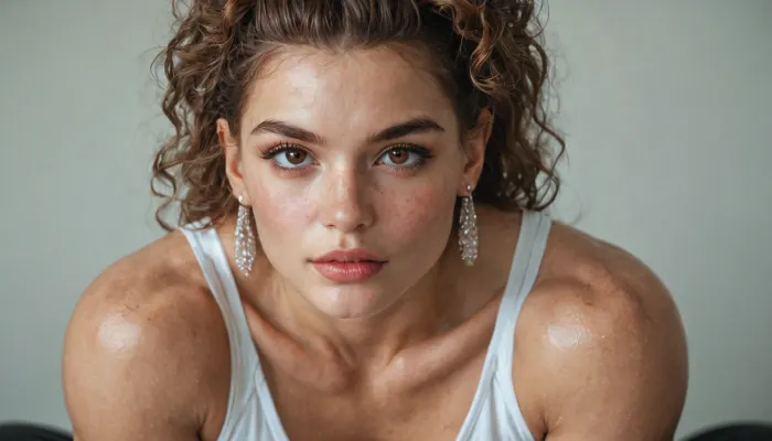 A young athletic woman in her mid to late 20s with a balanced hourglass body shape, muscular and well-defined especially in her legs and glutes, likely from consistent gym training. She has a strong, confident posture. Her waist is narrow and her hips are curvy, with a toned, flat abdomen. She has medium-to-light olive skin with a natural, smooth complexion, minimal makeup, and prominent facial symmetry.

Her facial features include almond-shaped brown eyes, a small, straight nose, and full lips. She has a defined jawline and high cheekbones. Her eyebrows are naturally shaped and well-kept. Her hair is long, straight or slightly wavy, and dark brown, sometimes worn loose, other times tied back or styled in a simple, elegant way. She’s sitting on her knees, knees out, looking at the camera