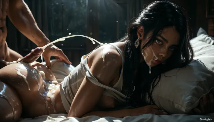 Rating_explicit, ethereal fantasy photography, (score_9, score_8_up, sharp focus, masterpiece, perfect eyes), young face, (young adult:1.5), (young:1.5), high resolution, perfect limbs, anatomically accurate, Super realistic, perfect lighting, (best shadow), 8K, UHD, clear image, (best lighting), highest quality, ultra-detailed images, Japanese, Incredibly beautiful girl naked, (black hair), long hair, realistic Japanese face, (Japanese girl Naked), cute face, (grey eyes), skinny, (white skin), ((glossy skin)), (((Curvy))), (((huge hip, thicc thighs))), ((small_breasts)), flat, chested, big waist, (Shapely body), wide hips, perfect skin, perfect face, seductive pose, (her face and expression showing a mix of submission and ecstasy and exhaustion), big round athletic ass, ((half open eyes)), (lustful face), luscious sensual lips, natural beauty, eternal beauty, (Serious face), laying on a bed bed while a man standing next to the bed is cumming all over her, night time, she is laying in bed, she is wearing a loose tank top and, one breast exposed, girly bedroom and pink aesthetics, pillows, the man has no pants on, erect penis, erect nipples, Pokie puffy large dark pink nipples, white male, male in front of female, large erect penis, the penis is very close to her face, excessive Cum on her cheeks, her face wet with Cum, excessive Cum on her pink lips. excessive Cum on her hair, excessive cum is dripping from face down her body, faceless male, huge cumshot, Object, gd, erection, sex, toy, penis, Side profile close-up, Legacy lighting, bright 1-alpha .5>, long silky raven black hair hides her face in shadow. Minimalistic dark chiaroscuro lighting and creates a dramatic effect. The overall mood of the image is sensual and seductive, with hints of anticipation and desire, (black background, chiaroscuro lighting:.5), ZipRealism, ​Moody, mysterious, magical, shallow depth of field, Shot from Stanley Kubrick movie, shot on Kodak filmodak Portra 400, vintage photography, lora, quality, SDXL_BetterFaces-LoRA_v1, .5>, <lora:reallora1:.5>, <lora:Oxygen girl_SDXL1.0:.5>, <lora:MJ52:.8>, <lora:BUT_SDXL_SHS:.8>, <lora:dark:.8>