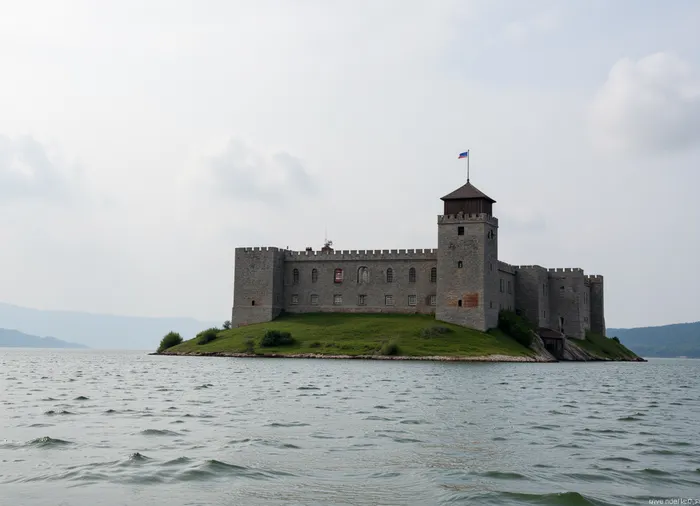 A weathered, imposing Russian prison fortress, built of grey granite, stands solitary on a windswept island in the vast expanse of a shimmering lake under a summer sky. The architecture is brutalist, reminiscent of late 19th-century Russian military design, with imposing crenellated walls and narrow, barred windows. A thick, almost oppressive fog hangs low over the water, partially obscuring the distant shoreline. The overall color palette is muted, greys, blues, and greens dominate, with touches of rust-colored decay visible on the stonework. The texture is rough, conveying a sense of age and harshness. The perspective is a wide shot, showcasing the island's isolation and the prison's imposing scale. A lone, weathered wooden watchtower stands sentinel on the highest point of the fortress, its flagpole bare. The scene is imbued with a melancholic, brooding atmosphere, a feeling of isolation and confinement. The style evokes a blend of realistic detail with a touch of Romantic painting's emphasis on atmosphere and mood, reminiscent of Caspar David Friedrich's landscapes. The lighting is diffused, creating a sense of mystery and foreboding, with the sun partially obscured by the fog, casting long shadows across the water. The air is still, heavy with the unspoken stories of the incarcerated. The composition emphasizes the verticality of the fortress against the horizontal expanse of the lake, highlighting its dominant presence. The overall mood is one of desolate grandeur and poignant isolation.
