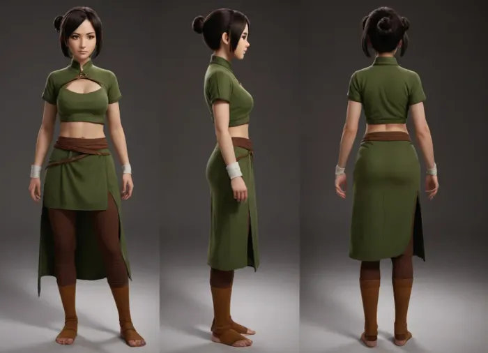 (masterpiece, best quality:1.2), full body, lyco, (atla_tophbeifong-10:1), cowboy shot, solo, 1girl, Super thick and busty hourglass figure, toph beifong, blind, expressionless, short hair, hair bun, hairband, grey eyes, (little_girl), Sexy and revealing chinese clothes, chara-sheet, masterpiece, best quality, (Front and back view), 360 degree view, (simple backgound), <lora:atla_tophbeifong-10:.5>, <lora:TOPH-V2:.5>, <lora:character-sheet-03:.7>