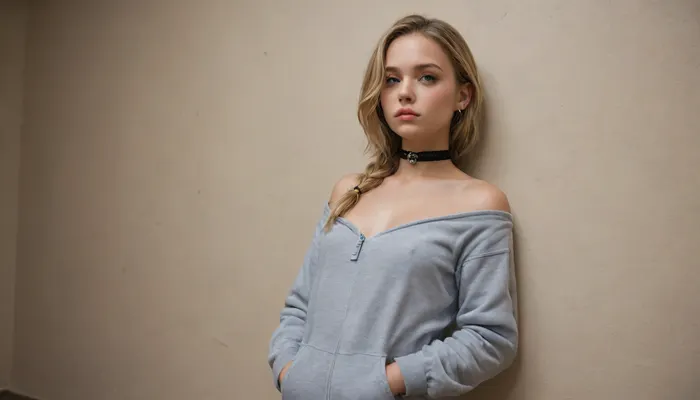 Highest quality, 8k, photorealistic, highest quality, beautiful cute young girl, 18yo, detailed face, insanely hot face, Young girl, slim body, smokey eye shadow, skinny petite body, very long golden blonde hair, braided pigtails straight bangs, hair over one eye, tiny sexy body, Cute young girl, standing back against rough old wall, one foot resting high, erect nipples, asymmetrical pose, choker, onesie pyjamas off shoulder, squeezing breast, finger on lips, worried face, low angle full body view