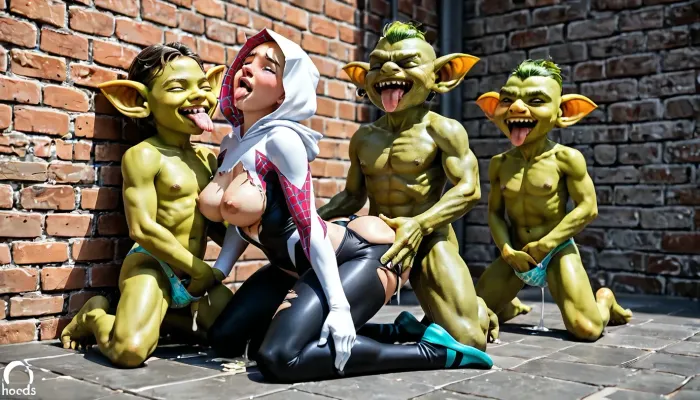 gang gremlin monster, (spider-gwen, super_hero_suit torn clothes, (areolae), , , (ahegao), , , (cum_on_tongue), , , (fingering_through_panties), , , (kneeling), , , wall:1.13), all of gremlin men are half size, houndreds of gremlin fuck woman, hyper huge gremlin flaccid cock, gremlin fucking her pussy and her ass, ass up, she has closed eyes, blush, full lips, gremlin cock in pussy and ass, gremlin gangbang in a dungeon, doggy style, woman has perfect anatomic body, extremely realistic, extremely real face, beautiful face, (monster green gremlin:1.3), groping body, (gremlin half size:1.3), multiple gremlin, surrounded by half size goblin, moaning expression, goblins lick her, multiple hands on her body, sexy shirt, deep cleavage, she has beautiful face, grab her tits, caresses, full body view