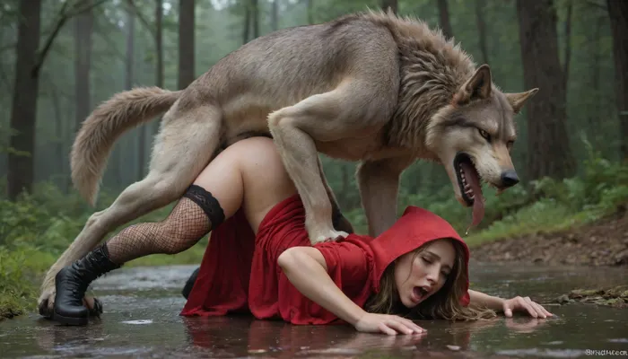 rain in a foggy forest, full view of a woman's body, little red riding hood, wolf fucks her doggy style, front paws on her head, slender body, eyes closed, moaning, screaming, mouth open, horror and fear on her face, cum and urine flowing from her pussy, in a puddle, ass up, face on the ground, black fishnet stockings, a red dress pulled up, black ankle boots with high heels