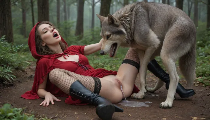 rain in a foggy forest, view of a woman's body, little red Riding hood, wolf fucks her in a missionary position, front paws on her head, slender body, eyes closed, moaning, screaming, mouth open, horror and fear on her face, cum and urine flowing from her pussy, in a puddle, black stockings fishnet, red dress pulled up, black ankle boots with high heels