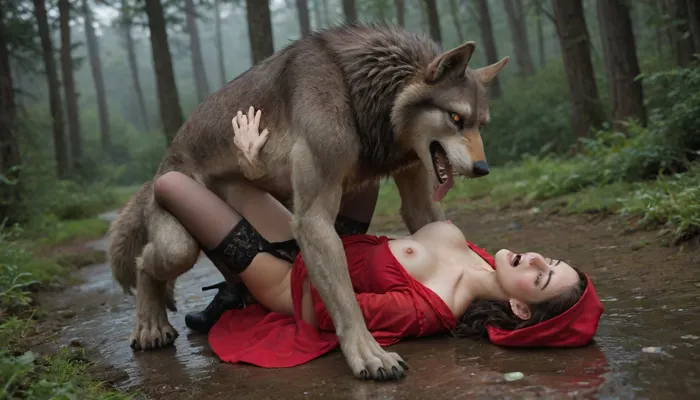 rain in a foggy forest, view of a woman's body, little red Riding hood, wolf fucks her in a missionary position, front paws on her head, slender body, eyes closed, moaning, screaming, mouth open, horror and fear on her face, cum and urine flowing from her pussy, in a puddle, black stockings fishnet, red dress pulled up, black ankle boots with high heels