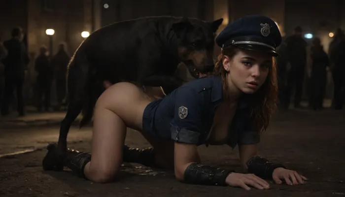 masterpiece, high definition, 4k, perfect_makeup, beautiful face, glistening skin, blush, hugh_boobs, hugh_breasts, cleavage, ponytail, police uniform, sleeves, police_hat, boots, city_lights, on the ground, at night, ejaculation, arched_back, ass_up, dog_penis, cum_strings, on_all_fours, on her knees, K9_sex, canine_doggystyle, dog_doggystyle, dog_fucking, feral_on_female, from behind, dog_knotting, cum on ass, dog_bestiality, dog_zoophilia, pounding girl from behind, onlookers, crowd, cum on the ground, doggy_position, close up, <lora:dark:.2>, _horizon_zero_dawn