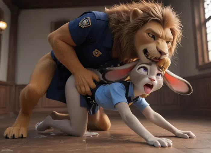 Furri, (Judy Hopps from "Zootopia"), female rabbit and male lion, Predator and prey, size difference, police uniform, upturned skirt, seductive smirk, doggy style sex, on her side, hard sex, ((roar, domination, paw on head)), fucked silly, open mouth, tongue out, (ahegao), orgasm, cum in pussy, cum puddle from pussy, side view, 4k, high resolution, high detailed
