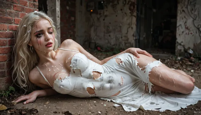 best quality, ultra detailed, masterpiece, 8k uhd, dslr, high quality, sharp body, highly detailed body, (realistic), white blonde woman, thin waist, slim, beautiful figure crying, makeup stains, she sweats a lot, ((black eye)), dressed in a sexy dress that was torn, one tit revealed, lying unconscious in a dirty abandoned building, her body and clothes are dirty, she was just brutally gang raped, Cum on girl, cum all over face and hair, covered in thick cum, Homeless man, bukkake, cum, playing dead, one eye closed, (rope marks from noose on neck), (bloody cuts on cheeks and neck), <lora:MS_Real_XL_Bukkake:1.6>, full body view