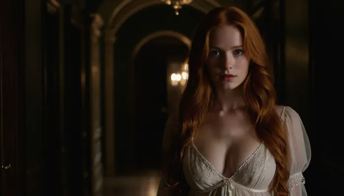 stunning beautiful gorgeous young victorian girl, 18 years old, long ginger hair, wearing a semi- transparent old fashioned sexy nightgown, deep cleavage, in the, (((dark hallway))), of the mansion, Beautiful detailed face, (perfect eyes:1.1), (perfect skin:1.1), (perfect big breasts:1.1), (perfect body:1.1), (perfect hands:1.1), (perfect finger:1.1), (perfect fingernails:1.1), Photorealistic, RAW, analog, best quality, 8k, HD, DSLR, Fujifilm XT3, film grain, award winning