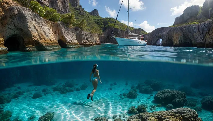 full body view of stunning slender woman, snorkeling against the backdrop of a noble sailing yacht in turquoise water. texture, photorealistic, The yacht is anchored in front of a large Caribbean cave, sunlight_str1, underwater, grotto, cave, sandy, sea, floor, reef, <lora:sunlight_str1-SDXL_v1-dim64-steps1691:1.2>, <lora:MJ52:.3>, <lora:Underwater_Environment_v01-000002:.9>, <lora:Splitshot:.4>