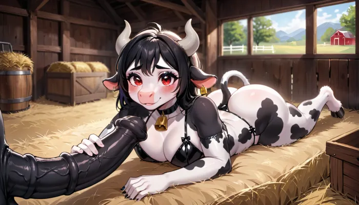 1femboy, ((furry horned cow femboy laying in barn)), cow anthro, looking at viewer, ashamed, blushing, short Holstein pattern fur, cows head, alone, makeup, black muzzle, (large black horse cock), feminine, cute, curvy, thick ass, red eyes, nude, innocent, young, seductive smile, <lora:FursuitXL:1>, <lora:Hegre-Nude_woman-000001:.5>, anthro cow has large black horsecock, long black hair down, all black penis, c cup breasts, dick is bulging in latex lingerie