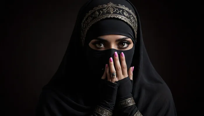 full body view of a face-covered beautiful dark skinned black eyed Persian woman wears a black burqa, perfect eyes, perfect hand, holds hand with pink nails next to her head, textured, photorealistic, the background is black, <lora:Super_Eye_Detailer_By_Stable_Yogi_SDPD0:.5>, <lora:DetailedEyes_V3:.9>, <lora:dark:.4>