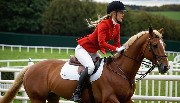 Super realistic image, full color image, 8K quality, super detail, masterpiece, London racecourse, show jumping, beautiful girl with large breasts, long blonde hair braided into a thick plait, white breeches, black high boots, light riding helmet, red riding jacket unbuttoned at the chest, one breast visible, riding a bay mare jumping over a barrier.