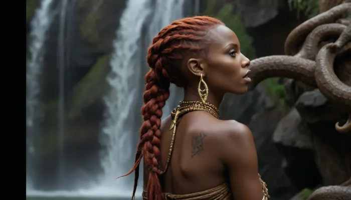 solo, no man, ((((african skin)))), very very very long gigantic braid, undercut, red hair, perfect hourglass body, naked, side view, waterfall, tribal hunter with really tanned skin, wearing a tooth necklace, large gold diamond-shaped earrings, a tribal loincloth, tribal markings and tattoos on her body, doggy, Tentacle wrapped around her body and neck, Tentacle fucking pussy, sex, demon wings horns