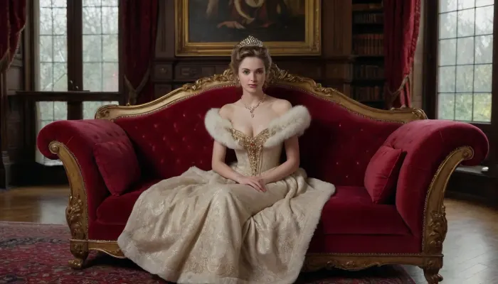 A beautiful portrait of a Victorian-era aristocratic woman lounging gracefully on a lavish red velvet sofa in an extravagant library. Dressed in an exquisite gown embellished with golden embroidery and layers of ruffled fabric, she radiates elegance and sophistication. Her sparkling tiara and fur-trimmed shawl enhance her regal presence, while the grand decor, stained glass windows, and antique furnishings contribute to the scene's timeless luxury.