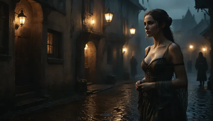 The picture has a frightening atmosphere, a small medieval town, cobblestone streets, oil lamps as street lighting, night and heavy rain, mud, 100% humidity, a dark dive from the outside, warm light coming in, full body view of a slim, pretty woman in rags showing secretly her tits in front of the pub offering her services as a prostitute, perfect face, perfect hands, perfect small tits, Black, and, white, art, black, shading, charcoal, toned, brutal, dark, b/w, color, scheme, elven, architecture, <lora:Black and white art.V1:1.2>, <lora:EnvyElvishArchitectureXL01:.6>, <lora:MJ52:.8>