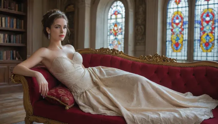 A beautiful portrait of a Victorian-era aristocratic woman lounging gracefully on a lavish red velvet sofa in an extravagant library. Dressed in an exquisite gown embellished with golden embroidery and layers of ruffled fabric, she radiates elegance and sophistication. Her sparkling tiara and fur-trimmed shawl enhance her regal presence, while the grand decor, stained glass windows, and antique furnishings contribute to the scene's timeless luxury.
