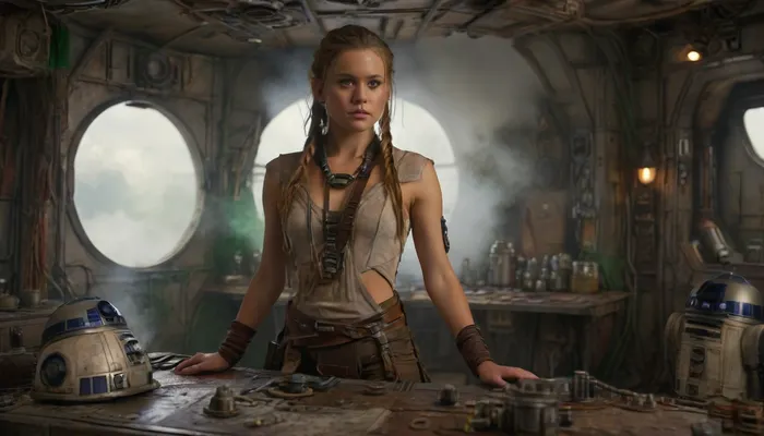 Star Wars Style, full body view of a female Jedi, playing "dejarik" with Chewbacca at messy table, in a messy common room, inside Millennium Falcon, slender, slim waist, blonde matted dreadlocks, flat breasted, tanned skin, lucky charm necklace, beautiful brown leather belt, highly detailed Jedi costume, Jedi toga, perfect face, glass on table, extremely steaming green liquid, R2-D2, dejarik, 8k, high resolution, TIE, fighter, <lora:TIE fighter:.8>, <lora:MJ52:.8>, cloudy, smoke, atmospheric, clouds, fog, <lora:Cloudy_Style:.8>, R2D2-1024, <lora:R2D2-1024:.8>, demobaza, <lora:demobaza__domowo_dress:.8>