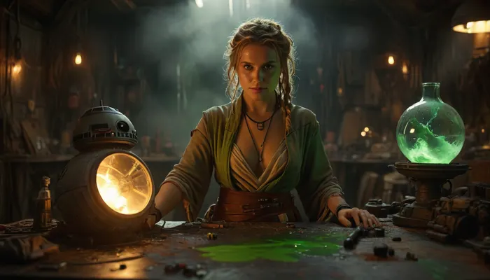 Star Wars Style, full body view of a female Jedi, silent smile, repairing stuff at messy table, in a messy common room, inside Millennium Falcon, slender, slim waist, blonde matted dreadlocks, flat breasted, tanned skin, ultra realistic skin, lucky charm necklace, beautiful brown leather belt, highly detailed Jedi costume, Jedi toga, perfect face, perfect hands, glass on table, extremely steaming green liquid, 8k, high resolution, TIE, fighter, neon_style, cloudy, smoke, atmospheric, clouds, fog, Explosion, Artstyle, <lora:TIE fighter:.8>, <lora:304304_training_data:.5>, <lora:MJ52:.6>, <lora:Cloudy_Style:1.1>, <lora:Explosion Artstyle - Trigger is Explosion Artstyle:.4>