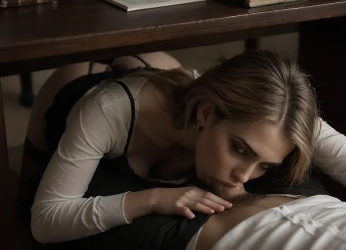 20 year old secretary lying under table, blonde, in office, show lace bra, pulling down panties, panties down, down pantyhose, skirt down, (blowjob to a man under table), ((man on the other side of the table)), focus on her shoulders, view from beside 3/4, cum on face, great, lighting, <lora:great_lighting:2>, <lora:TLS:.8>, <lora:dark:.8>