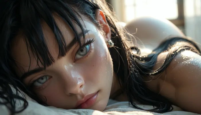 Rating_explicit, ethereal fantasy photography, (score_9, score_8_up, sharp focus, masterpiece, perfect eyes), young face, (young adult:1.5), (young:1.5), high resolution, perfect limbs, anatomically accurate, Super realistic, perfect lighting, (best shadow), 8K, UHD, clear image, (best lighting), highest quality, ultra-detailed images, Japanese, Incredibly beautiful girl naked, (bangs messy long black hair), (very long hair), realistic Japanese face, (Japanese girl Naked), cute face, (grey eyes), skinny, (white skin), (glossy skin), (((thick))), ((round ass, thick waist)), (massive ass:1.1), ((small_breasts)), flat, chested, big waist, (Shapely body), wide hips, perfect skin, perfect face, seductive pose, (her face and expression showing a mix of submission and ecstasy and exhaustion), ((half open eyes)), (lustful face), luscious sensual lips, natural beauty, eternal beauty, lying sleeping, legs spread, arms at sides of body, detailed beige skin tone, round E size tits, alone, earrings, jewelry, front view, facing forward, close-up, Legacy lighting, bright 1-alpha .5>, long silky raven black hair hides her face in shadow. Minimalistic dark chiaroscuro lighting and creates a dramatic effect. The overall mood of the image is sensual and seductive, with hints of anticipation and desire, ZipRealism, ​Moody, mysterious, magical, shallow depth of field, Shot from Stanley Kubrick movie, shot on Kodak filmodak Portra 400, vintage photography, lora, quality, SDXL_BetterFaces-LoRA_v1, .5>, <lora:lora-sdxl-perfect-eyes:.8>, <lora:reallora1:.5>, <lora:Oxygen girl_SDXL1.0:.5>, <lora:MJ52:.8>, <lora:BUT_SDXL_SHS:.8>