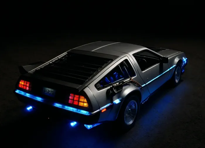 DeLorean from BTTF, (Back to the Future), Night, Dark Sky, Road in Desert, Real Road, Lights of DeLorean, (Travel Time Effects, Driving to 88mph, Blue Lights on Components Located on the Wings of the DeLorean), Side View from Above, <lora:dark:.5>