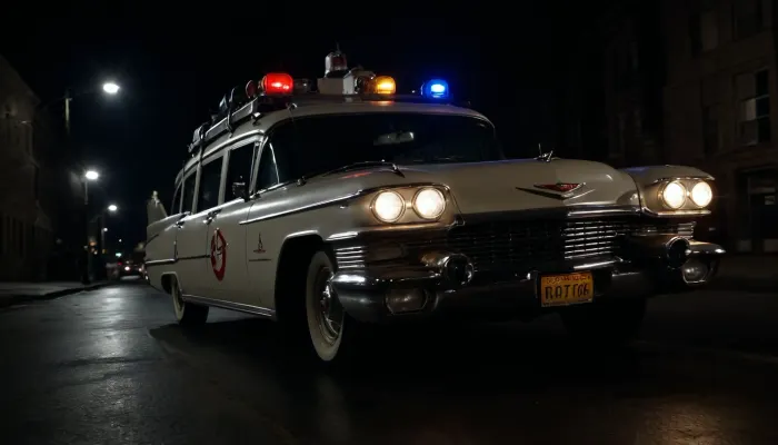 Ecto-1 from Ghostbusters, (Ghostbusters), Night, Dark Sky, Street of New York, Dark Streets, Lights of Cadillac Miller-Meteor Sentine of 1959, Limo-Style Endloader Combination Car, (Driving Effects, Flashing Lights are On, Flashing Lights Effects, Speed Effects), Side View from Below, <lora:dark:.5>