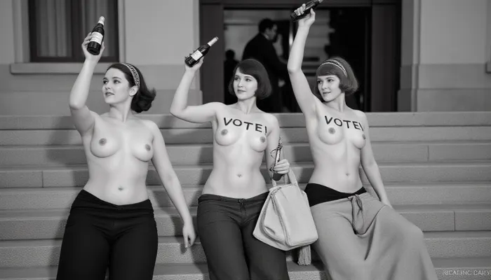 A captivating black-and-white image featuring three women in the 1920s, standing on the stairs outside the city hall. They are all holding up a bottle wine, showcasing various styles of skirts typical of the era, Their upper bodies are naked. Text painted on their breasts in giant letters "VOTE!". The composition is balanced, they are lined up in a diagonal fashion, creating a dynamic visual flow. The light source appears soft and diffused, enhancing the nostalgic mood while casting gentle shadows that accentuate their facial features and outfits. Each woman exhibits different poses and expressions, emphasizing camaraderie and joy. The first woman's short bob hairstyle contrasts with the more ornate headpiece of the second. The lighting highlights the smooth textures of the fabrics and brings attention to their accessories, such as handbags and decorative hairbands. There is a harmonious blend of elegance and casual charm, evoking a sense of carefree enjoyment. The scene is rich in detail, inviting viewers to appreciate the personalities captured within this moment. shot on Canon EOS 5D Mark IV, 85mm lens, Deep focus, (f/11), everything in sharp detail, Studio lighting with softbox, no harsh shadows, full body shot, 1930, style, <lora:1930 style v1:1.2>