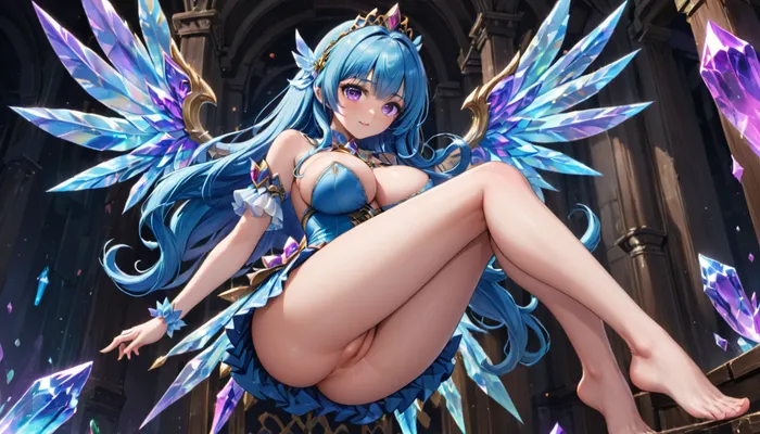 crystal girl, beatuiful, long hair, blue hair, big breast, with wings, mini skirt, no panties, high quality, she puts his foot against the wall