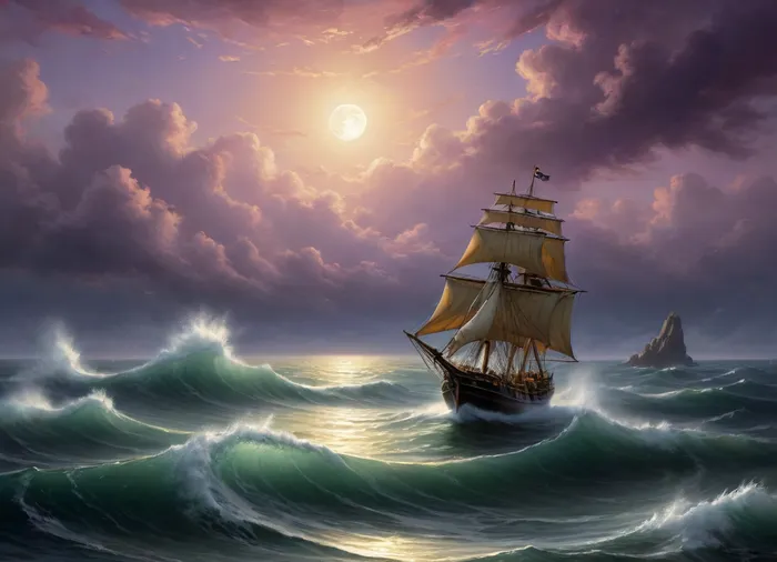 The painting is in the style of the Russian artist Ivan Konstantinovich Aivazovsky.The painting depicts a night storm at sea, in which a sailing ship got caught.

Huge waves surging over the raging sea occupy most of the picture. A small boat is struggling to withstand the powerful onslaught of the waves.

Clouds are rushing across the sky. The moon is visible between them, the cold and indifferent light of which illuminates the raging sea element, [1], .

While working on the painting, Aivazovsky used a unique combination of bright golden colors with dark, lilac-purple shades, which further emphasized the extraordinary beauty of the formidable and terrible elements. The stream of moonlight picks out huge ferocious waves from the darkness, throwing a thin web of golden light over them. It seems to the viewer that the full, bright moon broke through the veil of thick clouds in order to illuminate the terrible and beautiful game of the stormy sea.

The sailboat seems alien in the midst of the frenzied dancing of the waves. It seems that he uninvited intrudes into the pristine beauty of the raging sea and sky. The boat is unsuccessfully trying to escape from this beautiful trap, which seeks to crush and destroy, painted in the so-called oriental taste.