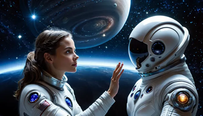 ((beautiful girl in spacesuit faces humanoid alien)), ((gray humanoid alien reaches out to the girl)), contact, first contact, deep space background, ((background with stars, planets and galaxies)), fantastic light, bright saturated colors, (realistic image), detailed textures, cinematic, 8k, photorealistic, all body view