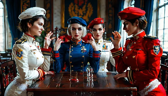 (bottomless only white lace thong:1.3), (Military Beret:1.2), (White military uniform:1.2), (red military uniform:1.2), Fully dressed in military uniform, Fully clothed, three women, Four women, A female head of state and her guards during a press conference, Women standing side by side on chairs at a table, Women standing behind a table, Women standing in front of the camera, (Isabella Valentine), (Jill Valentine), (tracer from overwatc), multiple girls, beautiful face, perfect face, highly detailed beautiful face and eyes, attractive face, very curvy, Lots of adult women, long legs, stylish, big boobs, perfect body, high heels, nipples, perfect tits.full body, A female soldier who is engrossed in tabletop exercises, (Put your hands up!:1.3), (If you surrender, put your hands up over your head:1.3)