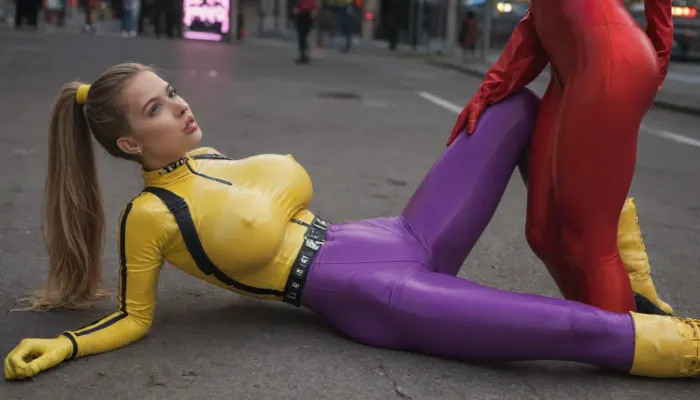 dark neon city background, extra bright purple neon lights, 2 beautiful 18 year old fit girls lying one on the other, squeezing their breasts, lemon yellow sports bomber jacket, ((bimbo)), (((long blond hair in high ponytail))), glossy purple high cut bodysuit, (((tight fitting glossy red high cut bodysuit))), (((close full-body view))), huge breasts, (((huge breasts:1.5))), large erected nipples poking under the suit, (slim:1.4), (tall:1.3), perfect hands, perfect fingers, perfect face, natural face, detailed face, perfect eyes, natural eyes, detailed skin, detailed hair, detailed fingers, ultra realistic face, small nose, photorealistic, masterpiece, ultra detailed face, tongue licking the lips, (small waist:1.3), choker, tattoos on the arms, puffy pussy, yellow army boots, cameltoe, sexy pose, flirting, black and white striped knee socks, lying on the ground, (long legs:1.3), legs wide spread, yellow leather waist belt, silver arm-long gloves, hands queeze breasts