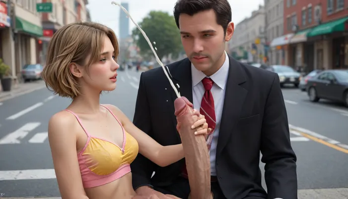 18 years redhaired Irish girl, freckles, (The girl is wearing a wet pink crop top with text “DAD”), (girl has marked tan lines), skinny waist, (girl is giving man a handjob), ((girl stroking the 25 year old black man's dick with a hand)), (man is wearing a suit), (Huge cock), sitting, handjob, couple, (girl has very huge tits, yellow bra over pink crop top), masterpiece, best quality, highly detailed, parking lot, (woman looking on penis), (ejaculation:1.7), cuminmouth