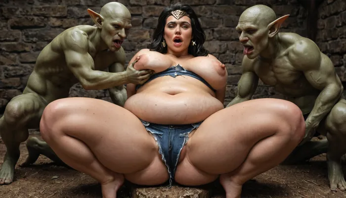 multiple goblins- little, pervert, very skinny, goblins with tiny cocks groping and fingering a tall, Incredibly beautiful, extreme fat, obese, stretch marks, love handles, overfed belly, wobbly fat ass, severe cellulite, chubby, fat, round face with a double chin, ssbbw MILF, (woner woman), . goblins groping and fingering the fat Sexy MILF in the dungeon, -arms tied, She is dreesed as wonder woman, (torn clothes), . She has Natural, excessively drooping breasts. Full lips, detailed eyes, very long dark staight black hair. She has a big, fat belly with folds of fat
background is in a old, devasteded medieval dungeon
show one, shocked, extreme fat, obese ssbbw wonder woman and the skinny little goblins together !!!, Goblin, Mage, Warrior, Shaman, Assassin, fighter, monster, creature, <lora:655889_training_data:.8>, -always together with the horny, little goblins !!!
fat, shocked ssbbw wonder woman gets her big, sagging belly hard and brutally deep grabbed by the pervert little goblins from behind-her fat wobbly legs are spread wide-goblin fingers deep in her wet pussy
close up
shocked wonder woman more fat-ssbbw !!!