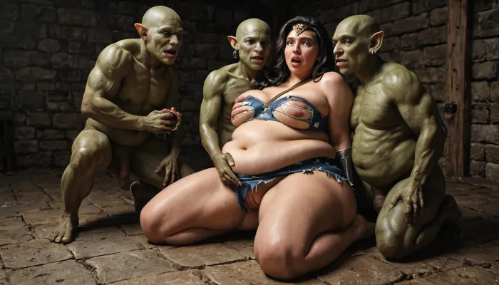multiple goblins- little, pervert, very skinny, goblins with small cocks groping and fingering a tall, Incredibly beautiful, extreme fat, obese, stretch marks, love handles, overfed belly, wobbly fat ass, severe cellulite, chubby, fat, round face with a double chin, ssbbw MILF, (woner woman), . goblins groping and fingering the fat Sexy MILF in the dungeon, -arms tied, She is dreesed as wonder woman, (torn clothes), . She has Natural, excessively drooping breasts. Full lips, detailed eyes, very long dark staight black hair. She has a big, fat belly with folds of fat
background is in a old, devasteded medieval dungeon
show one, shocked, obese ssbbw wonder woman and the skinny little goblins together !!!, Goblin, Mage, Warrior, Shaman, Assassin, fighter, monster, creature, <lora:655889_training_data:.8>, -always together with the horny, little goblins !!!