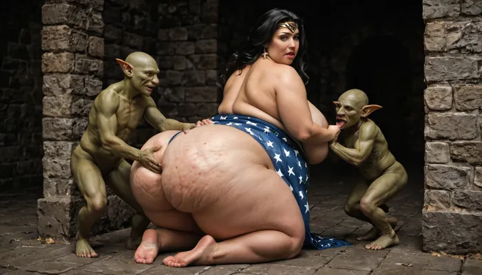multiple goblins- little, very skinny, goblins with small cocks groping and fingering a tall, Incredibly beautiful, extreme fat, obese, stretch marks, love handles, overfed belly, wobbly fat ass, severe cellulite, chubby, fat, round face with a double chin, ssbbw MILF, (woner woman), . goblins groping and fingering the fat Sexy MILF in the dungeon, -arms tied, She is dreesed as wonder woman, (torn clothes), . She has Natural, excessively drooping breasts. Full lips, detailed eyes, very long dark staight black hair. She has a big, fat belly with folds of fat
background is in a old, devasteded medieval dungeon
show one extreme fat, obese ssbbw wonder woman and the skinny little goblins together !!!, Goblin, Mage, Warrior, Shaman, Assassin, fighter, monster, creature, <lora:655889_training_data:.8>, -always together with the angry, little goblins !!!
side view