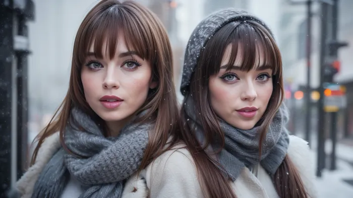 professional portrait photograph of, sultry flirty look, gorgeous symmetrical face, cute natural makeup, ((standing outside in snowy city street)), stunning modern urban environment, ultra realistic, concept art, elegant, highly detailed, intricate, sharp focus, depth of field, f/1. 8, 50mm, upper body, ((bangs)), (((professionally color graded))), bright soft diffused light, (volumetric fog), trending on instagram, hdr 4k, 8k, <lora:xelor_AespaWinter_free:.5>