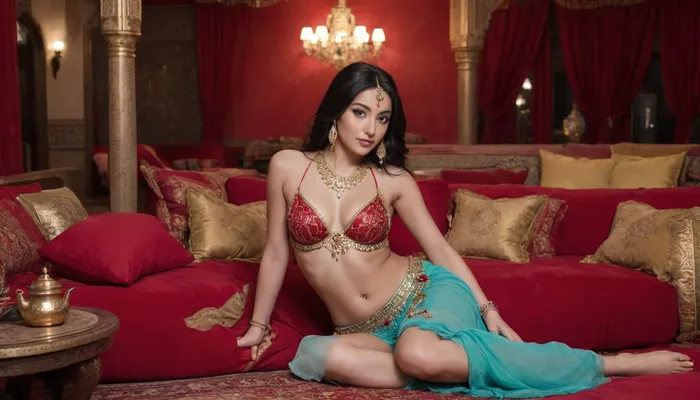((full body view)), slim fit Arabian belly dancer in a harem, (Seated around her an entranced audience lounges on plush cushions), sipping mint tea and indulging in sweet dates and nuts, Arabian clothes, lots of bracelets, jewellery, frills, armlets, gold chains, revealing clothes, dancing in red spotlight, ((Persian setting of a luxurious harem, Guests in elaborate Middle Eastern attire are lounging in the background)), sai, Jasmine, rashmika, apsara clothing-style, dark all red lightning, skin, Arabian, bellydancer, outfit, cropped top, transparent, small round breasts, visible small shaved pussy.