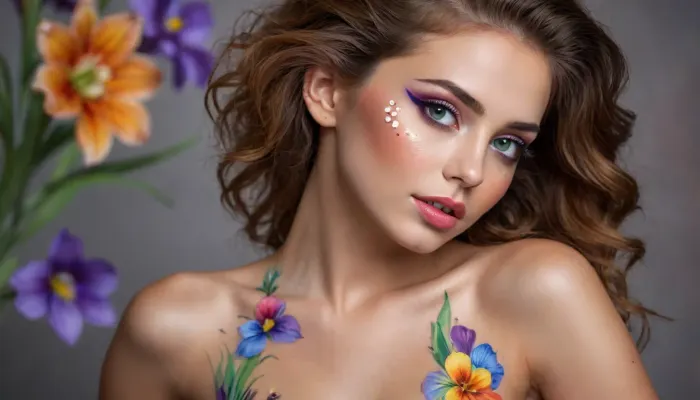 A beautiful slender woman with a full body-painting of colorful flowers, She is in a professional photo studio, style, colorful, pretty coquettish face, large beautiful crystal eyes, light glowing irises, heartshaped lips, lip gloss, freckles, olive skin, aroused skin, view from half back side. #©KITTYART























#©KITTYART