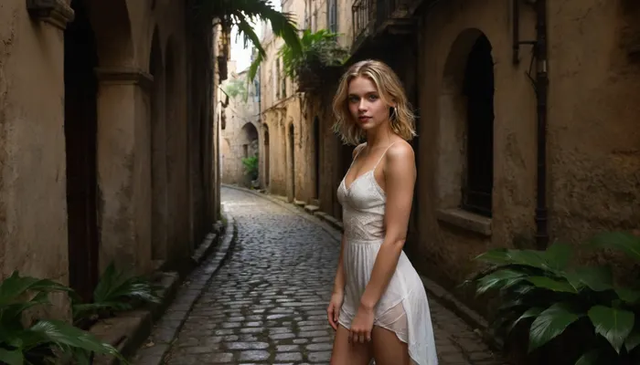 1 woman, (masterpiece), (best quality), (ultra-detailed), (photorealistic:1.3), cinematic lighting, daytime, Mahwen city entrance, (medieval stone architecture), (cobblestone streets), vibrant moss-covered stone houses, lush tropical plants, emerald river visible, Bella, (26 y.o.), delicate features, flawless pale skin glowing in sunlight, (blue eyes wide with joyful disbelief and wonder), shoulder-length ripe wheat blonde hair disheveled, slender feminine figure, (165 cm), very wet and dirty translucent white wedding dress clinging to sweaty body, torn and ripped, bare feet muddy, (momentary pause), looking around in awe, radiant smile, (sunlight filtering through palm leaves), (dappled light on skin and stones), atmosphere of relief and discovery, vibrant colors, exotic beauty, (sweat and rainwater glistening on skin), distant city sounds, ohwx, perfecteyes eyes, (stepping into sanctuary), (contrast, dirty fugitive vs lush paradise), deserted streets, distant city lights, (motion blur on legs), sweat and rain on skin, NEGATIVE_HANDS, <lora:ortega_sdxxxl_dh128_v1:1>, <lora:scarlet_lora_sdxl_v3-000008:.5>