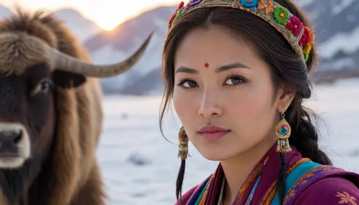 A beautiful slender adult Bhutanese woman in traditional clothing and jewelry with a colorfully decorated yak across a snow-covered pasture plateau, She has a pretty coquettish faded face, elaborate hairstyle, small breasts, detailed crystal eyes, light glowing irises, heartshaped lips, lip gloss, aroused skin, she exhales, sunset, long shadows, fog, snow, dreamy mood, detailed photo, photorealistic photo, realistic pretty women photo, worm´s-eye view from side, #©KITTYART










































#©KITTYART